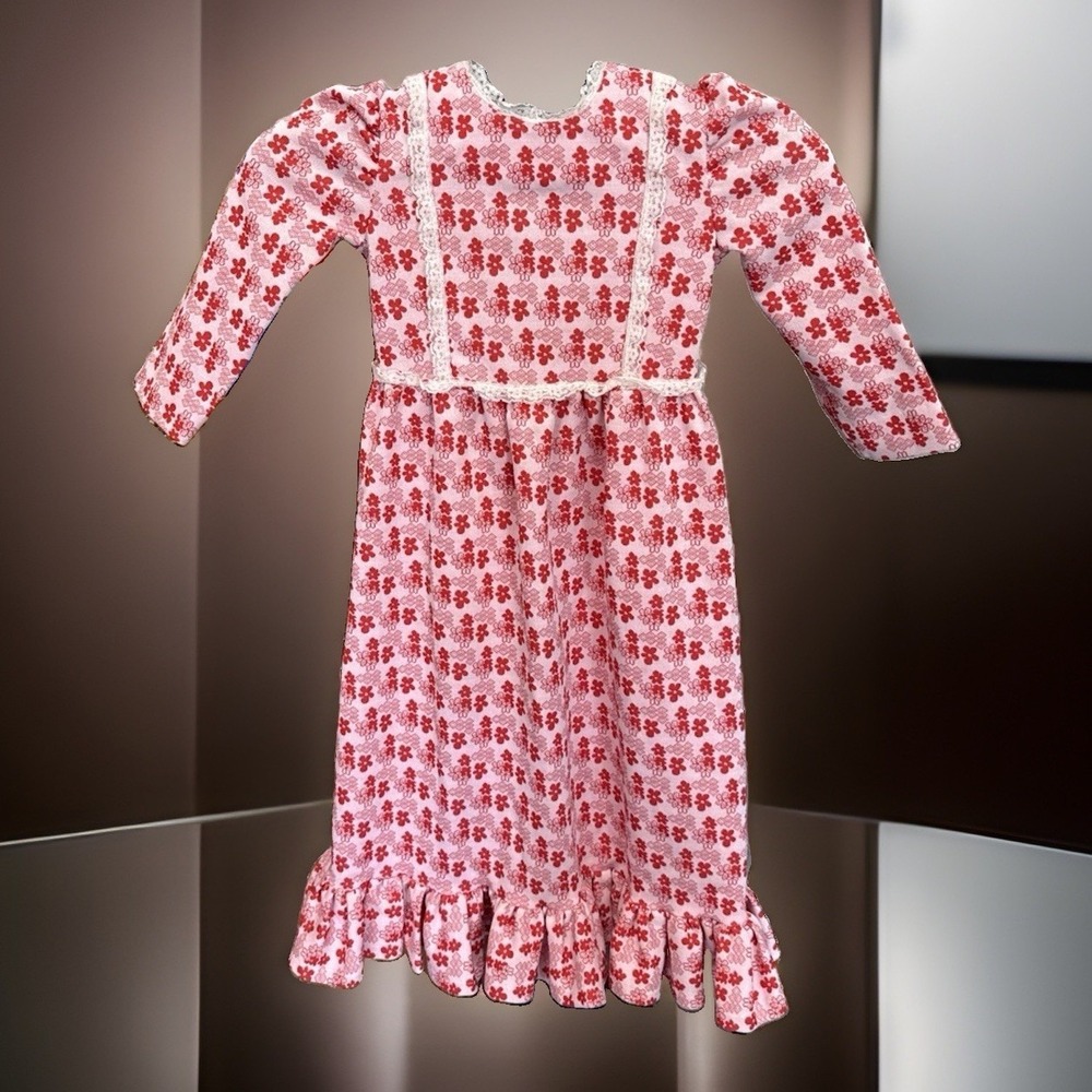 Vintage Handmade Little House Prairie Girls Dress Pink Red Floral Lace 4T